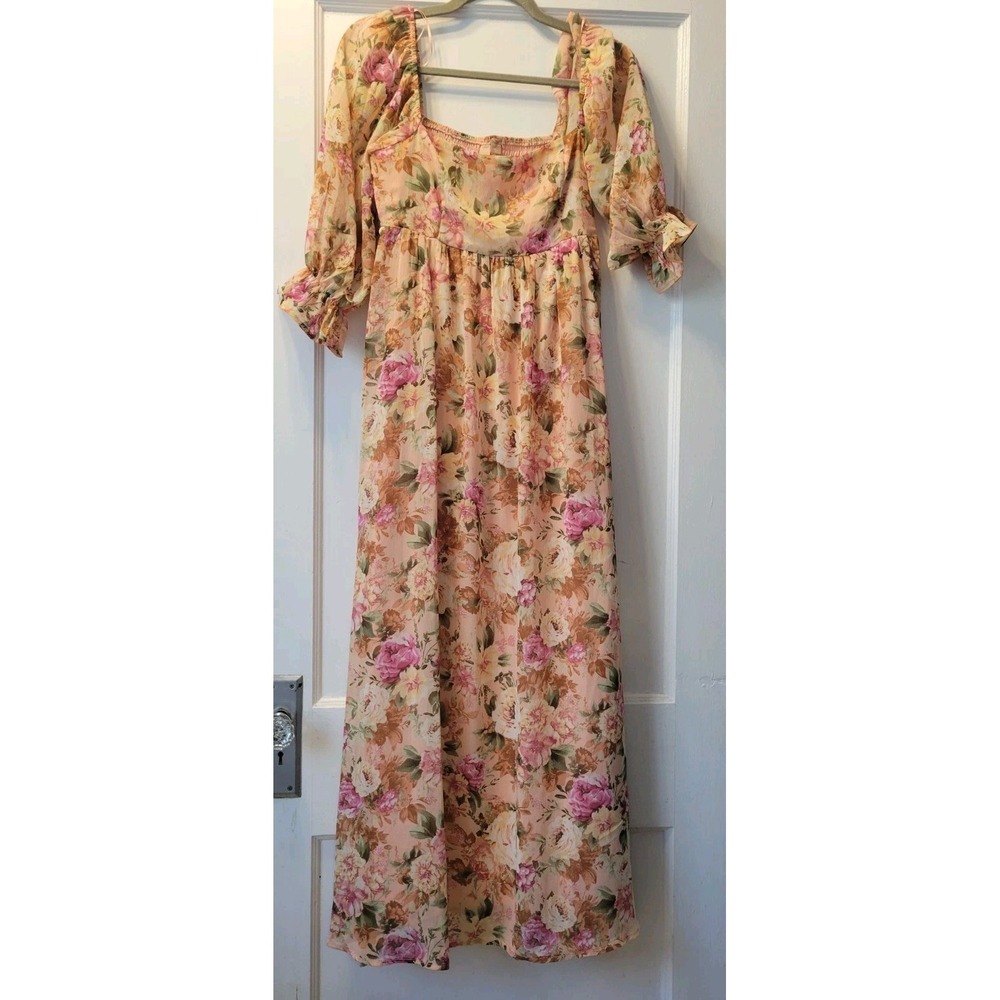 Cottagecore Evolutionary Floral Chiffon Maxi M Peach Pink Sheer puff sleeve